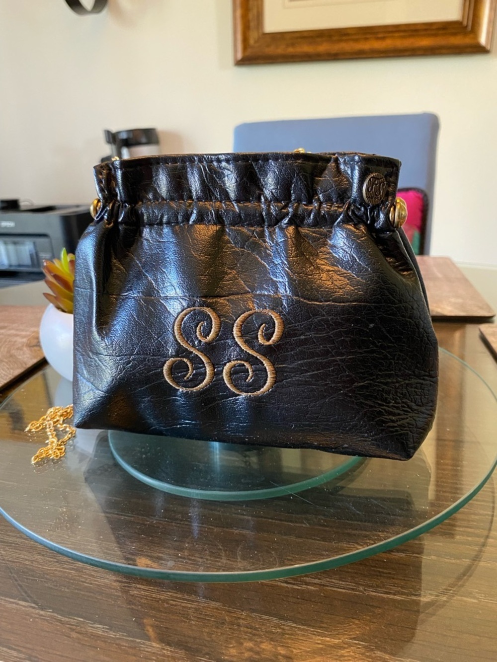 Vintage 60s Black Vinyl Clutch: Monogrammed Chain Handle Purse